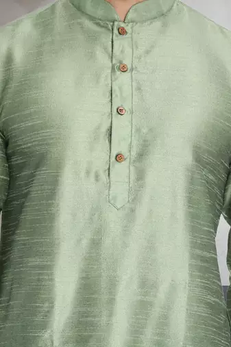 Green art dupion silk mens plain kurta pajama