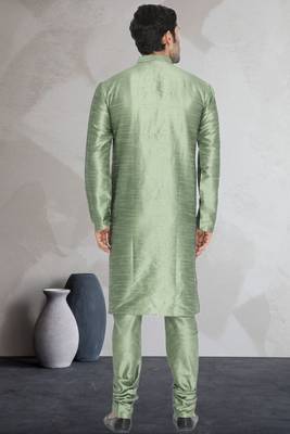 Green art dupion silk mens plain kurta pajama 4