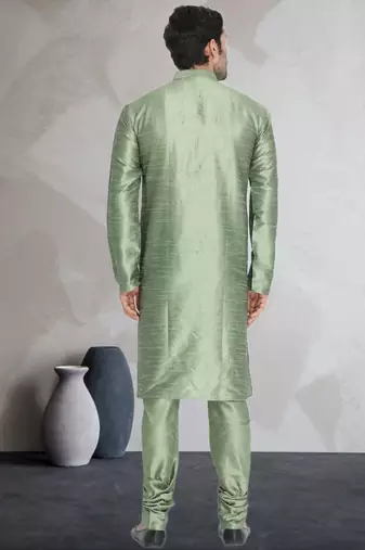 Green art dupion silk mens plain kurta pajama
