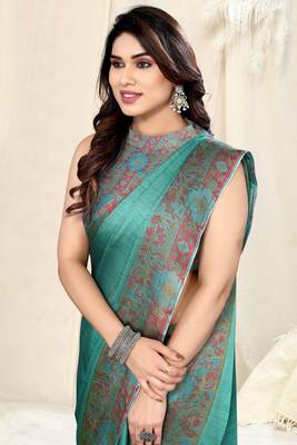 Dusty teal chiffon solid/abstract print printed saree with unstitched blouse piece 1