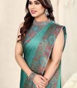 Dusty teal chiffon solid/abstract print printed saree with unstitched blouse piece