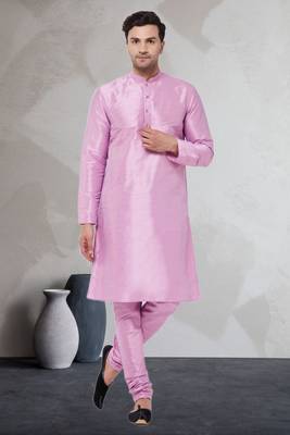 Pink art dupion silk mens plain kurta pajama 1