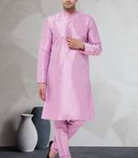 Pink art dupion silk mens plain kurta pajama