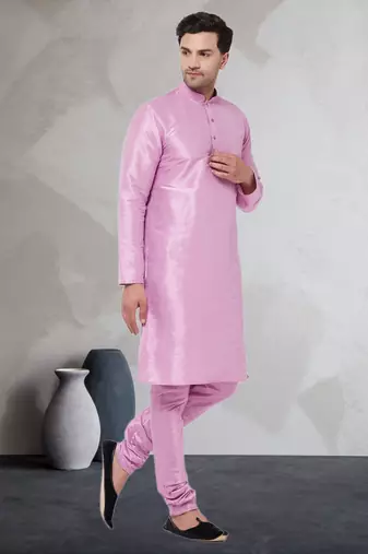 Pink art dupion silk mens plain kurta pajama