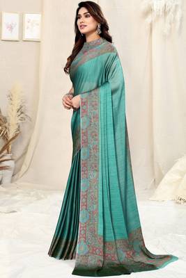 Dusty teal chiffon solid/abstract print printed saree with unstitched blouse piece 3