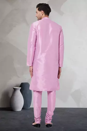 Pink art dupion silk mens plain kurta pajama