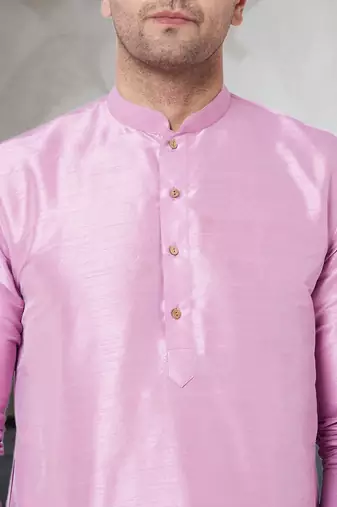 Pink art dupion silk mens plain kurta pajama