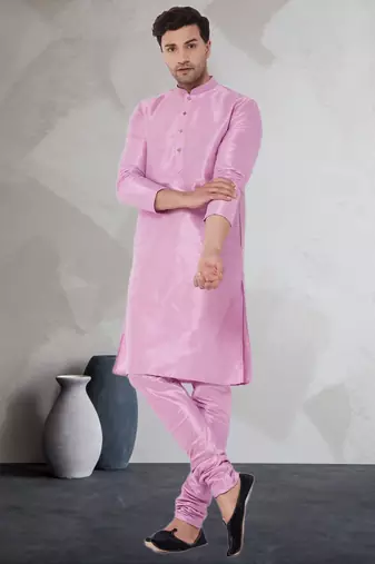 Pink art dupion silk mens plain kurta pajama