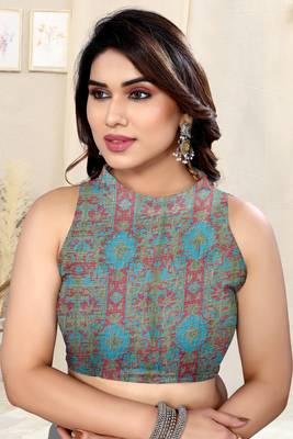 Dusty teal chiffon solid/abstract print printed saree with unstitched blouse piece 5