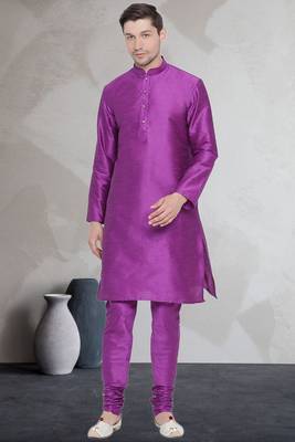 Purple art dupion silk mens plain kurta pajama 1