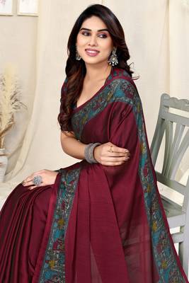 Maroon chiffon solid/madhubani print printed saree with unstitched blouse piece 1