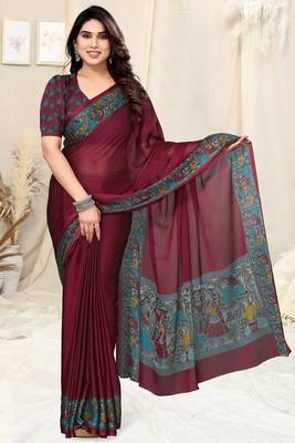 Maroon chiffon solid/madhubani print printed saree with unstitched blouse piece 2