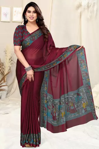 Maroon chiffon solid/madhubani print printed saree with unstitched blouse piece