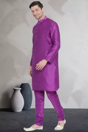 Purple art dupion silk mens plain kurta pajama
