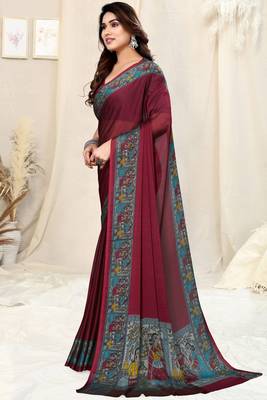 Maroon chiffon solid/madhubani print printed saree with unstitched blouse piece 3