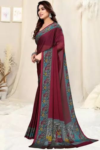 Maroon chiffon solid/madhubani print printed saree with unstitched blouse piece