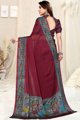 Maroon chiffon solid/madhubani print printed saree with unstitched blouse piece 4