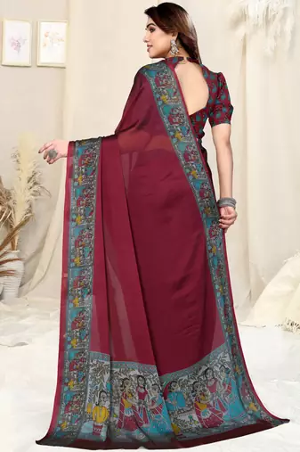 Maroon chiffon solid/madhubani print printed saree with unstitched blouse piece