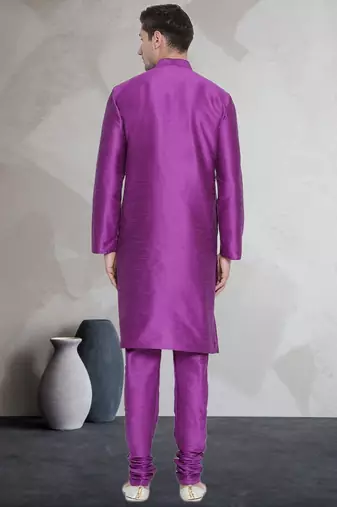 Purple art dupion silk mens plain kurta pajama