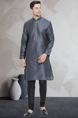 Grey art dupion silk mens plain kurta pajama 1