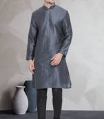 Grey art dupion silk mens plain kurta pajama