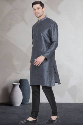 Grey art dupion silk mens plain kurta pajama 2