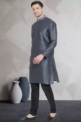Grey art dupion silk mens plain kurta pajama