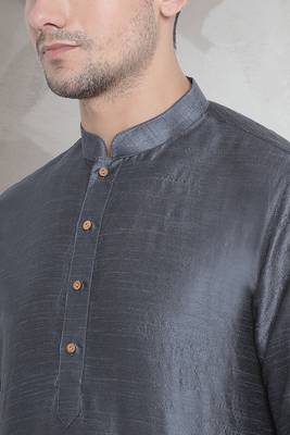 Grey art dupion silk mens plain kurta pajama 3