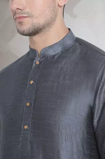 Grey art dupion silk mens plain kurta pajama