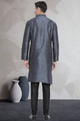 Grey art dupion silk mens plain kurta pajama 4
