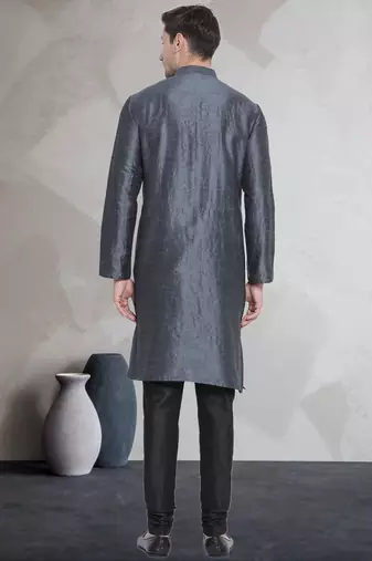 Grey art dupion silk mens plain kurta pajama