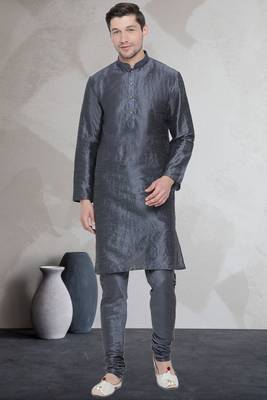 Grey art dupion silk mens plain kurta pajama 1