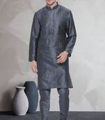 Grey art dupion silk mens plain kurta pajama
