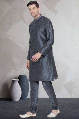 Grey art dupion silk mens plain kurta pajama 2
