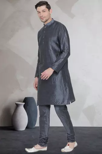 Grey art dupion silk mens plain kurta pajama