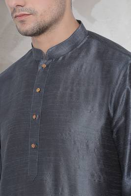 Grey art dupion silk mens plain kurta pajama 3