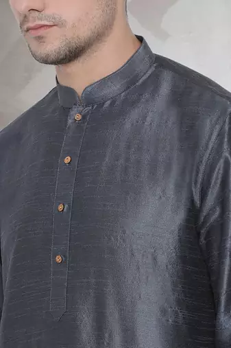 Grey art dupion silk mens plain kurta pajama