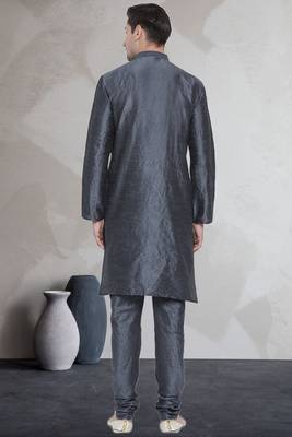 Grey art dupion silk mens plain kurta pajama 4