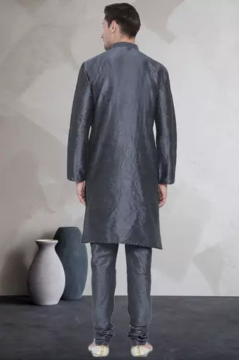Grey art dupion silk mens plain kurta pajama