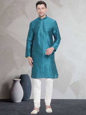 Turquoise art dupion silk mens plain kurta pajama 1