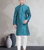 Turquoise art dupion silk mens plain kurta pajama