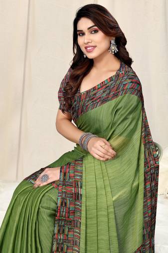 Pastel Yellow/Light Yellow Chiffon Floral Print Border Saree With Unstitched Blouse Piece