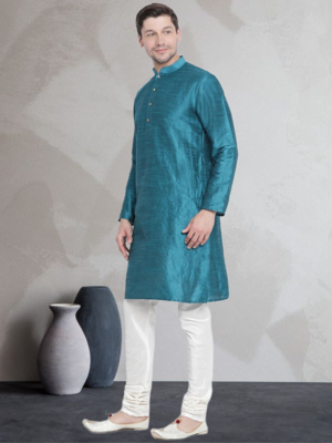 Turquoise art dupion silk mens plain kurta pajama 2