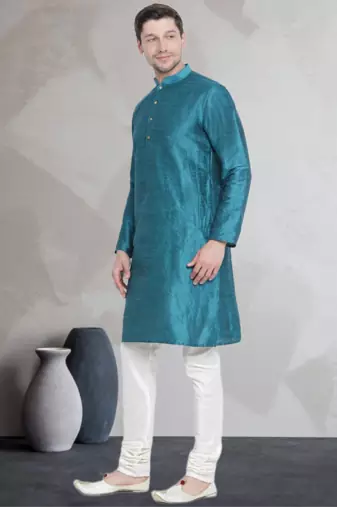 Turquoise art dupion silk mens plain kurta pajama