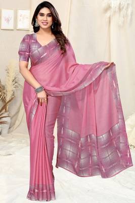 Peach Pink Chiffon Solid/Abstract Print Printed Saree With Unstitched Blouse Piece 2