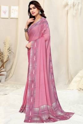 Peach Pink Chiffon Solid/Abstract Print Printed Saree With Unstitched Blouse Piece 3