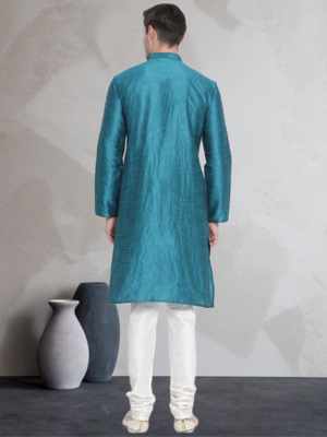 Turquoise art dupion silk mens plain kurta pajama 3