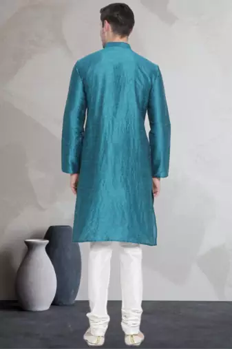 Turquoise art dupion silk mens plain kurta pajama