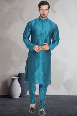 Turquoise art dupion silk mens plain kurta pajama 1