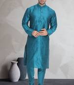 Turquoise art dupion silk mens plain kurta pajama